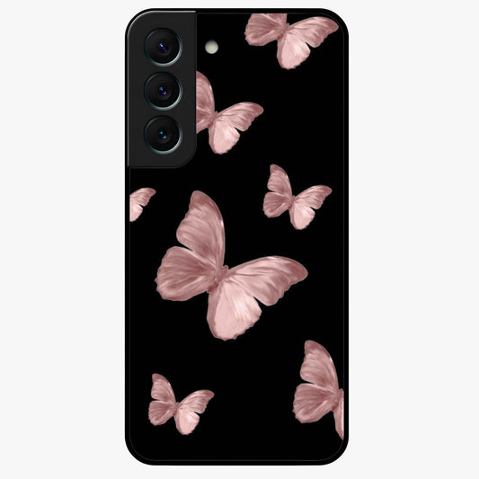 Butterfly Pattern Glass Case showing flat back view with elegant butterfly pattern artwork and glossy glass finish.