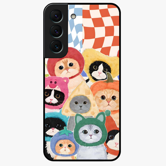 Cats in Fruits Glass Case showing flat back view with playful cat illustrations inside fruit artwork and glossy glass finish.