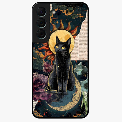 Celestial Black Cat Glass Case showing flat back view with mystical black cat artwork and glossy glass finish.