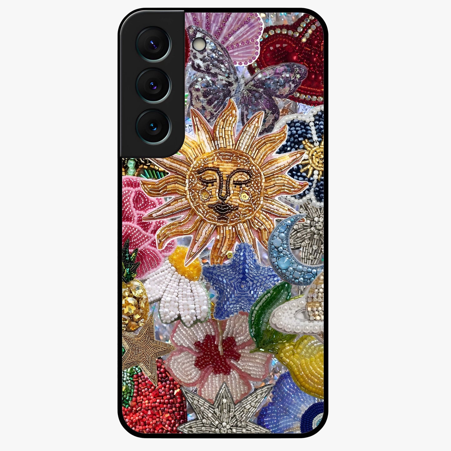 Celestial Floral and Playful Glass Case showing flat back view with floral and celestial themed artwork and glossy glass finish.