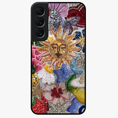 Celestial Floral and Playful Glass Case showing flat back view with floral and celestial themed artwork and glossy glass finish.