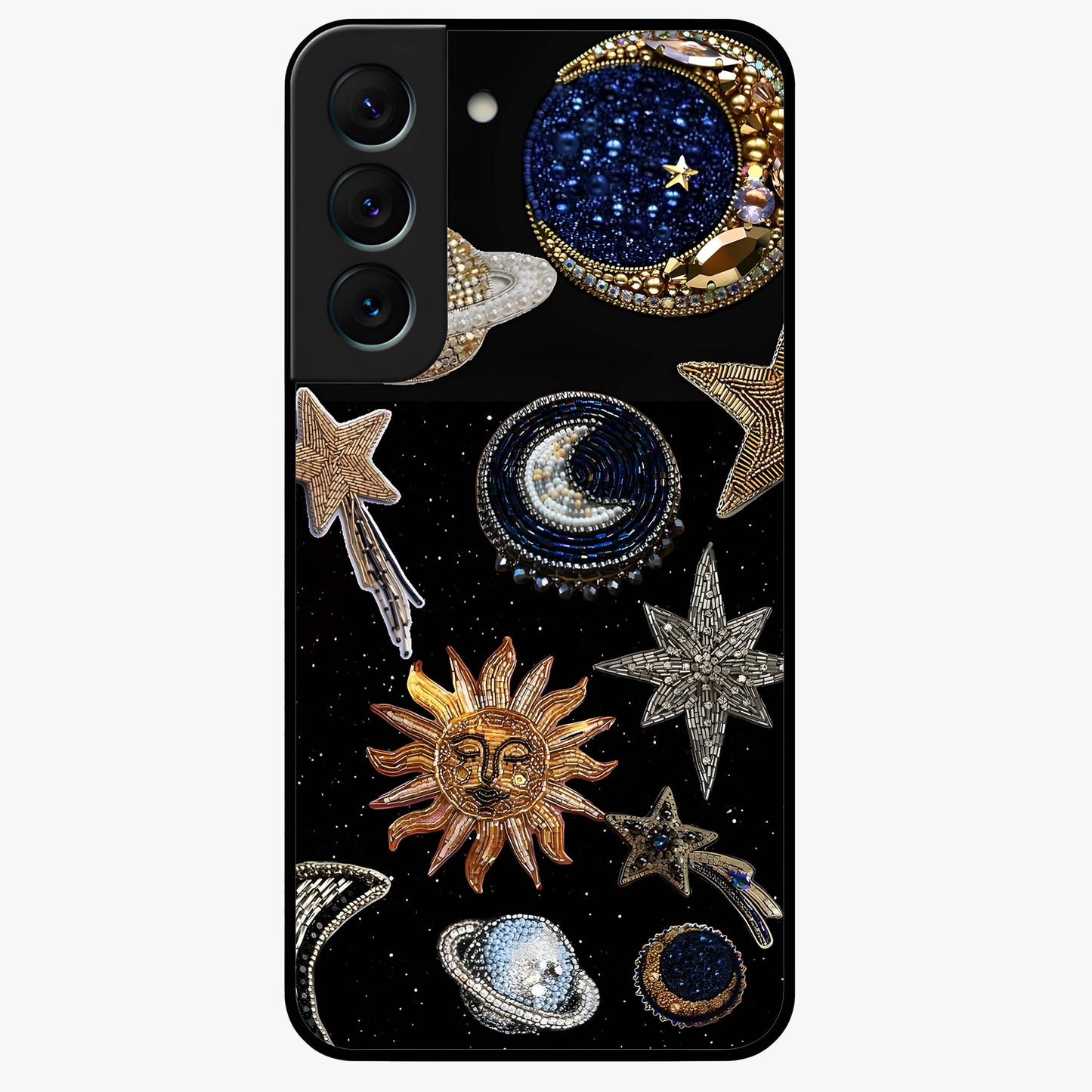 Celestial Gem Constellations Glass Case showing flat back view with sparkling constellation artwork and glossy glass finish.