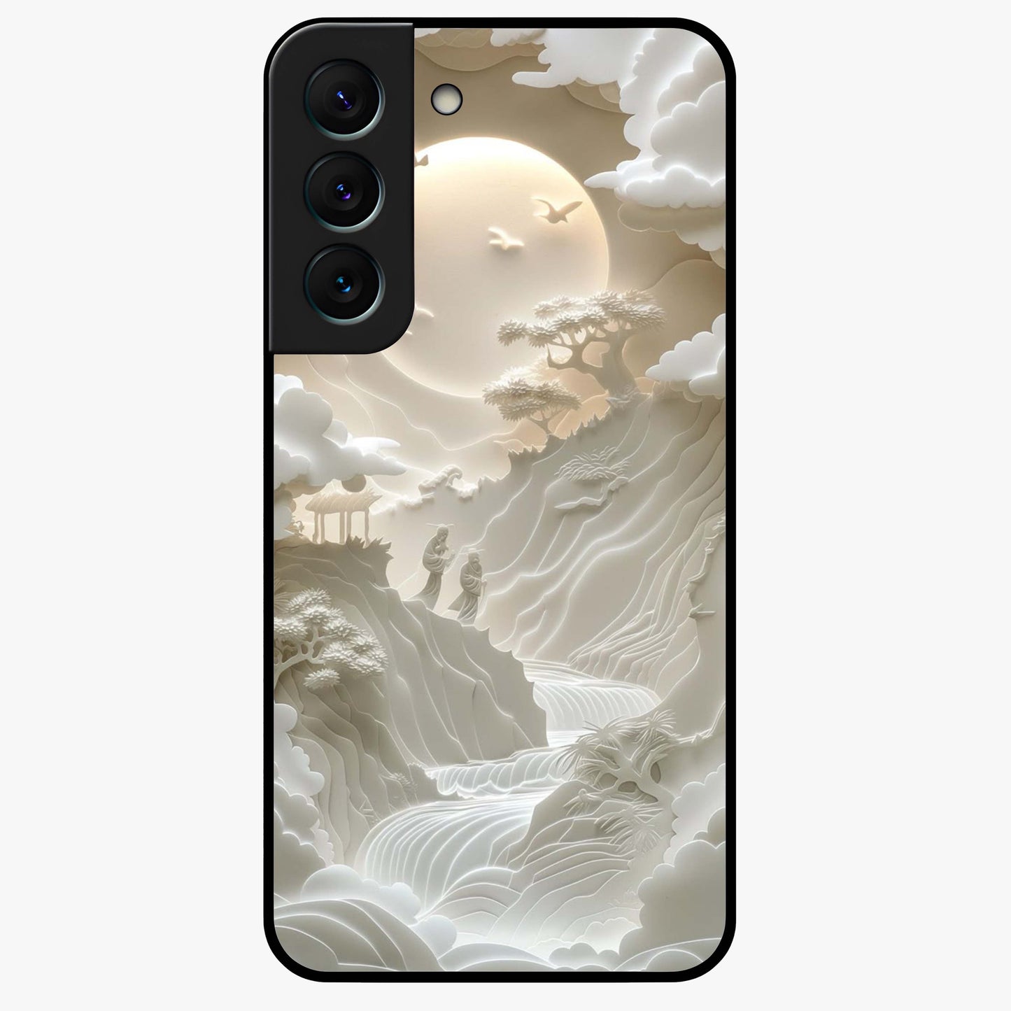 Celestial Origami Glass Case showing flat back view with artistic origami inspired celestial artwork and glossy glass finish.