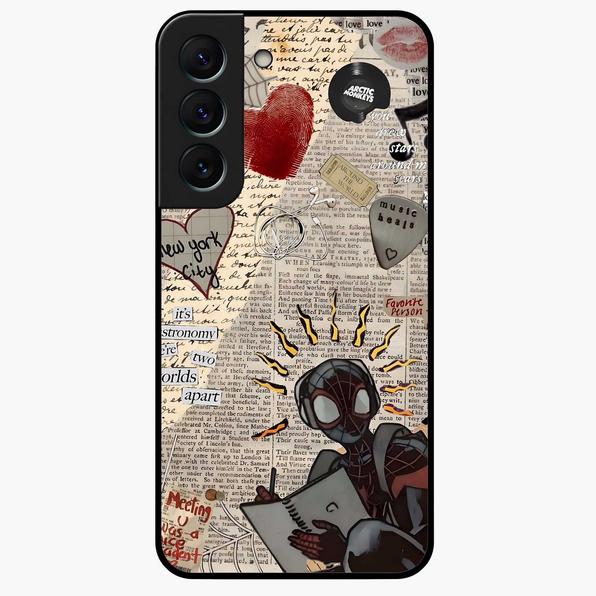 City Dream Sketch Glass Case showing flat back view with artistic city skyline sketch artwork and glossy glass finish.
