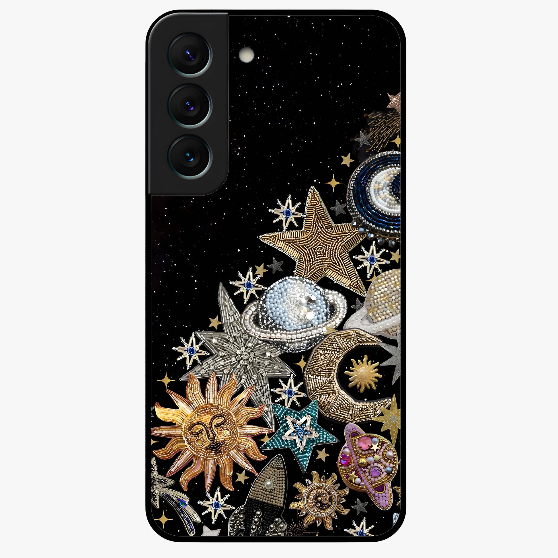 Cosmic Sparkle Dreams Glass Case showing flat back view with sparkling cosmic artwork and glossy glass finish.