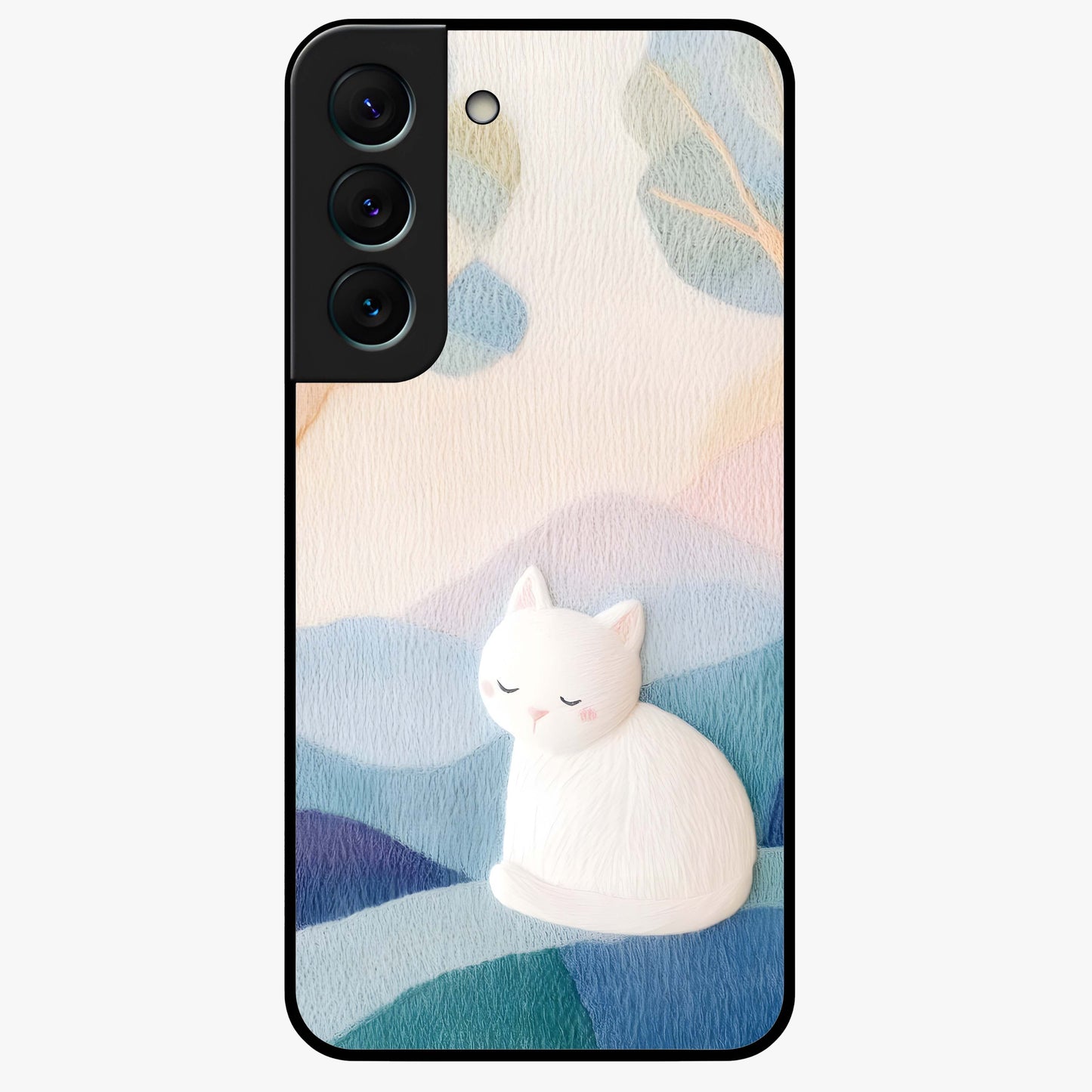 Cotton Dream Cat Glass Case showing flat back view with soft dreamy cat artwork and glossy glass finish.