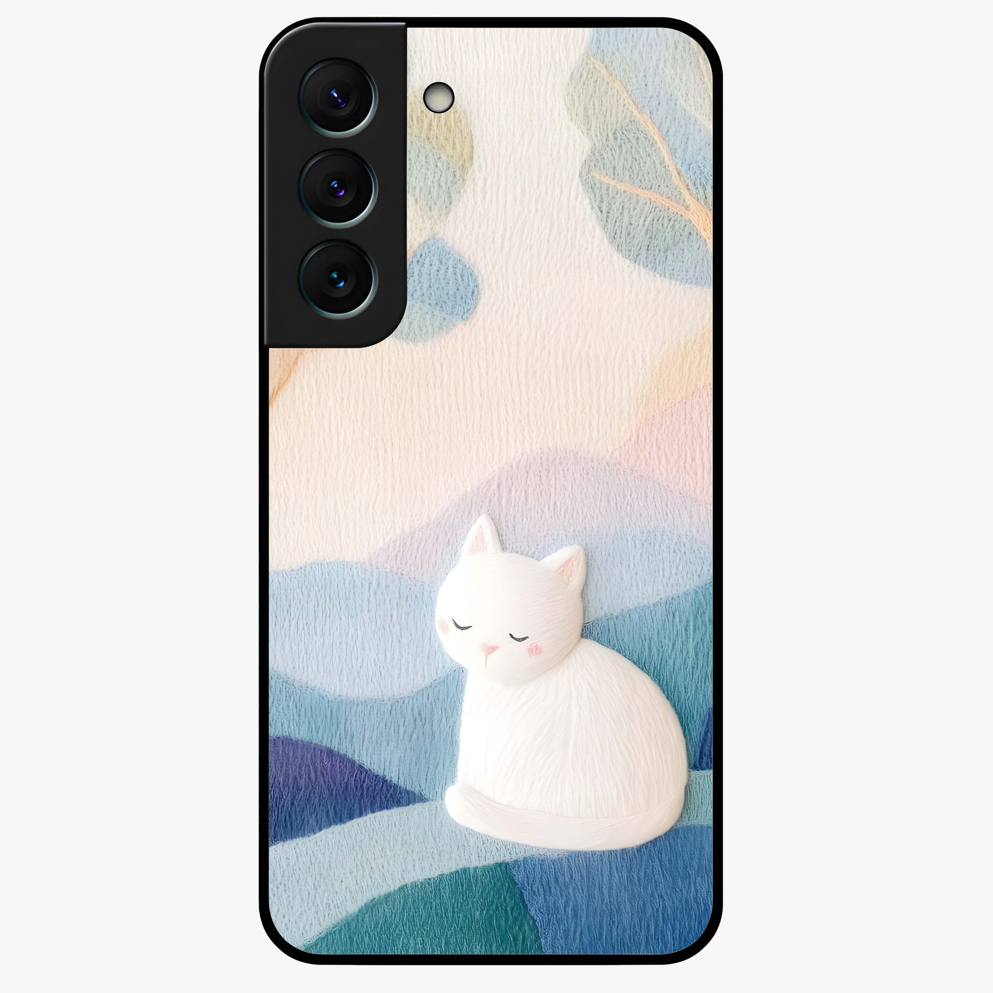 Cotton Dream Cat Glass Case showing flat back view with soft dreamy cat artwork and glossy glass finish.