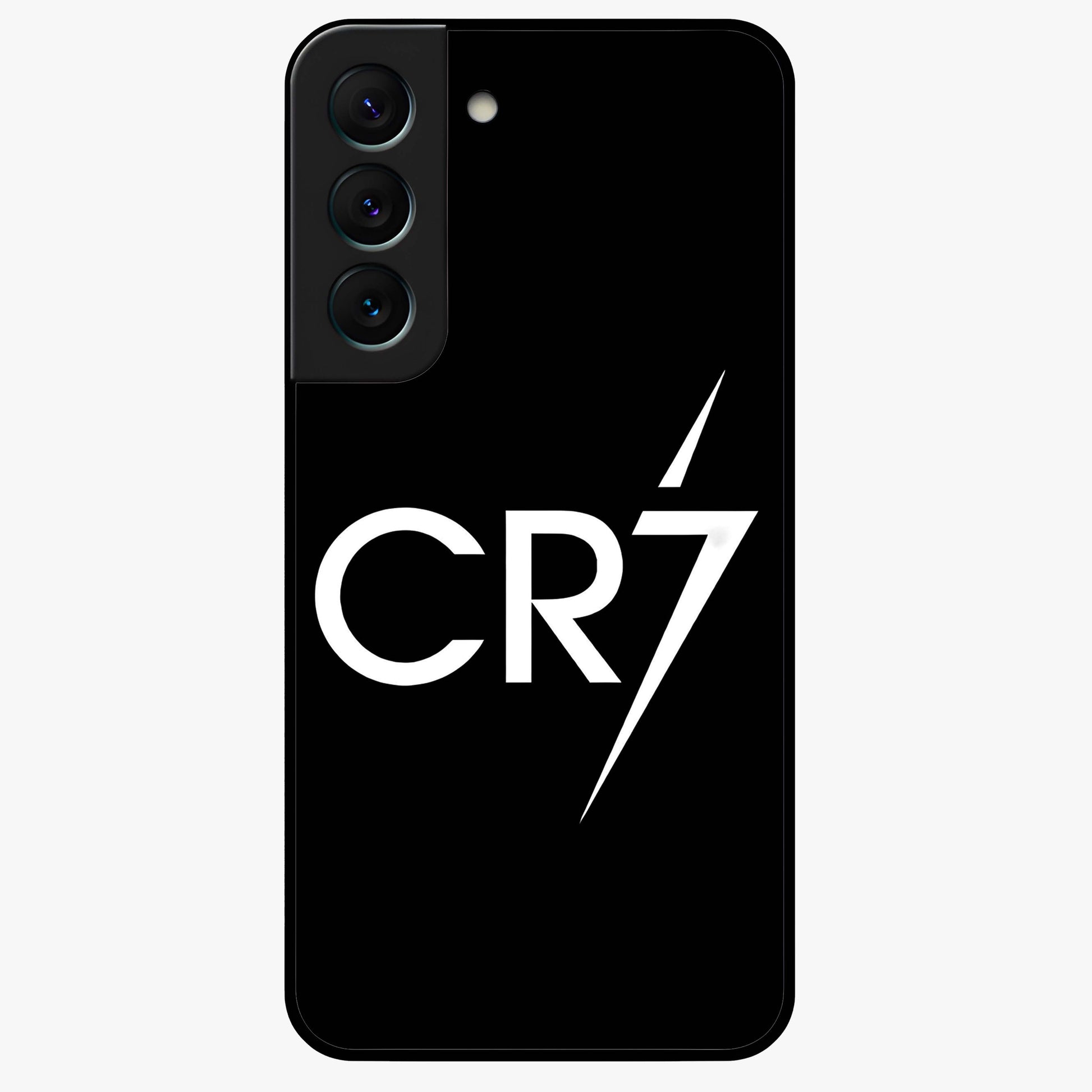 Cr7 Elite Strike Glass Case showing flat back view with dynamic football inspired artwork and glossy glass finish.