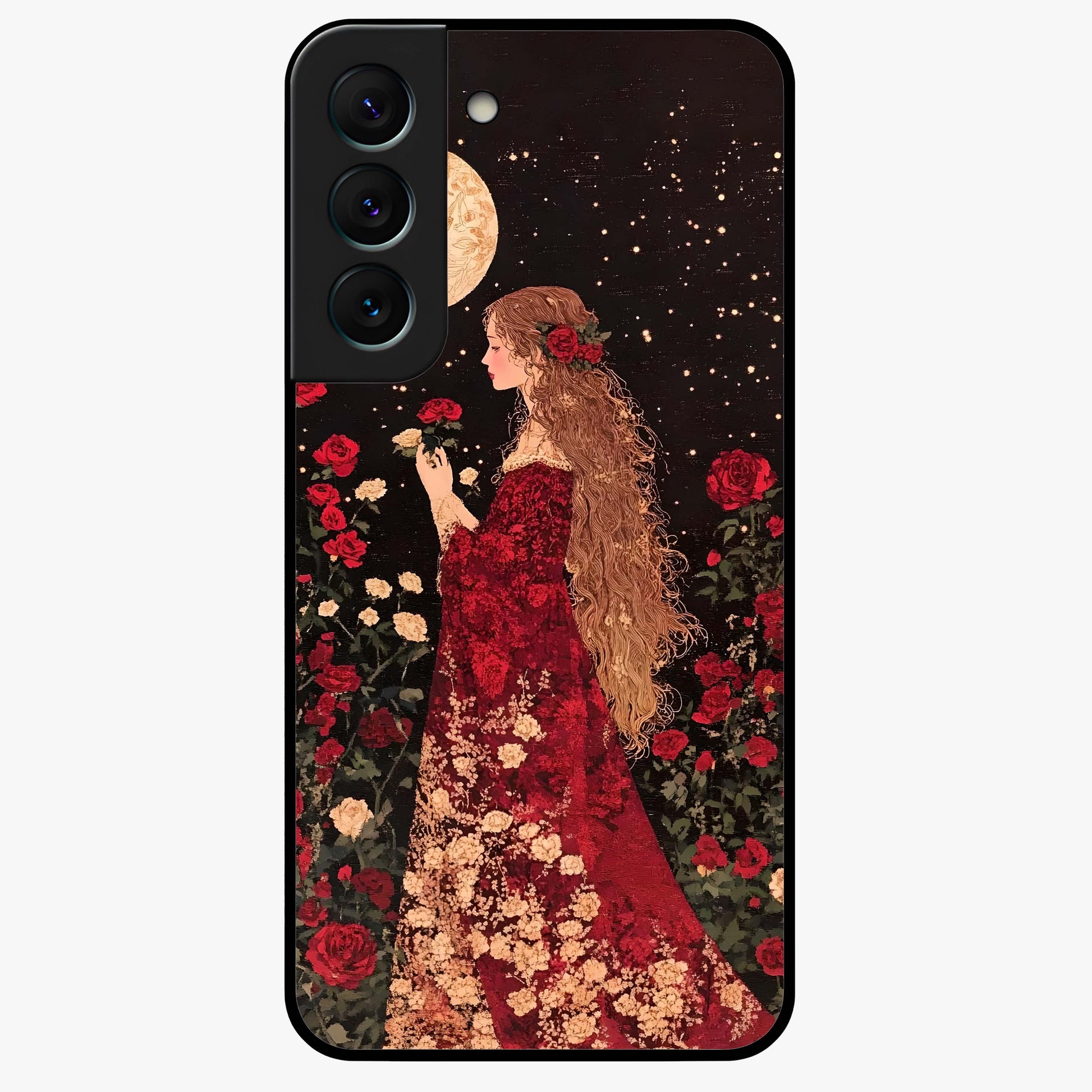Crimson Dreams Glass Case showing flat back view with dreamy crimson artwork and glossy glass finish.