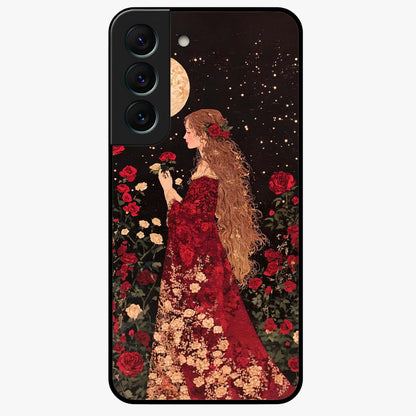 Crimson Dreams Glass Case showing flat back view with dreamy crimson artwork and glossy glass finish.