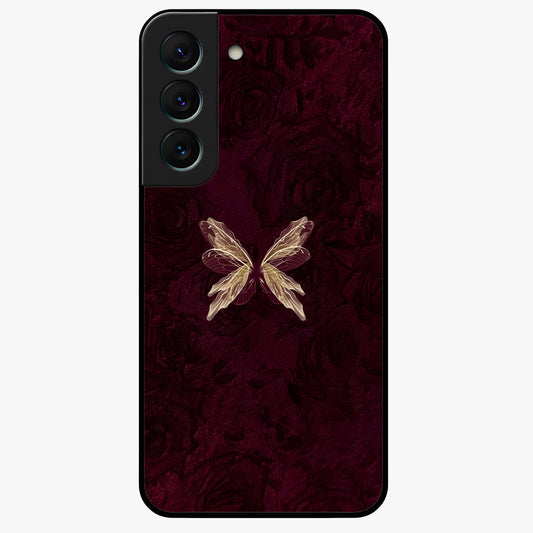 Crimson Fade Butterfly Glass Case showing flat back view with fading butterfly artwork and glossy glass finish.