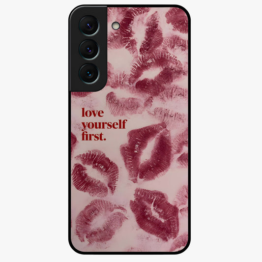 Crimson Kiss Love Glass Case showing flat back view with romantic crimson themed artwork and glossy glass finish.