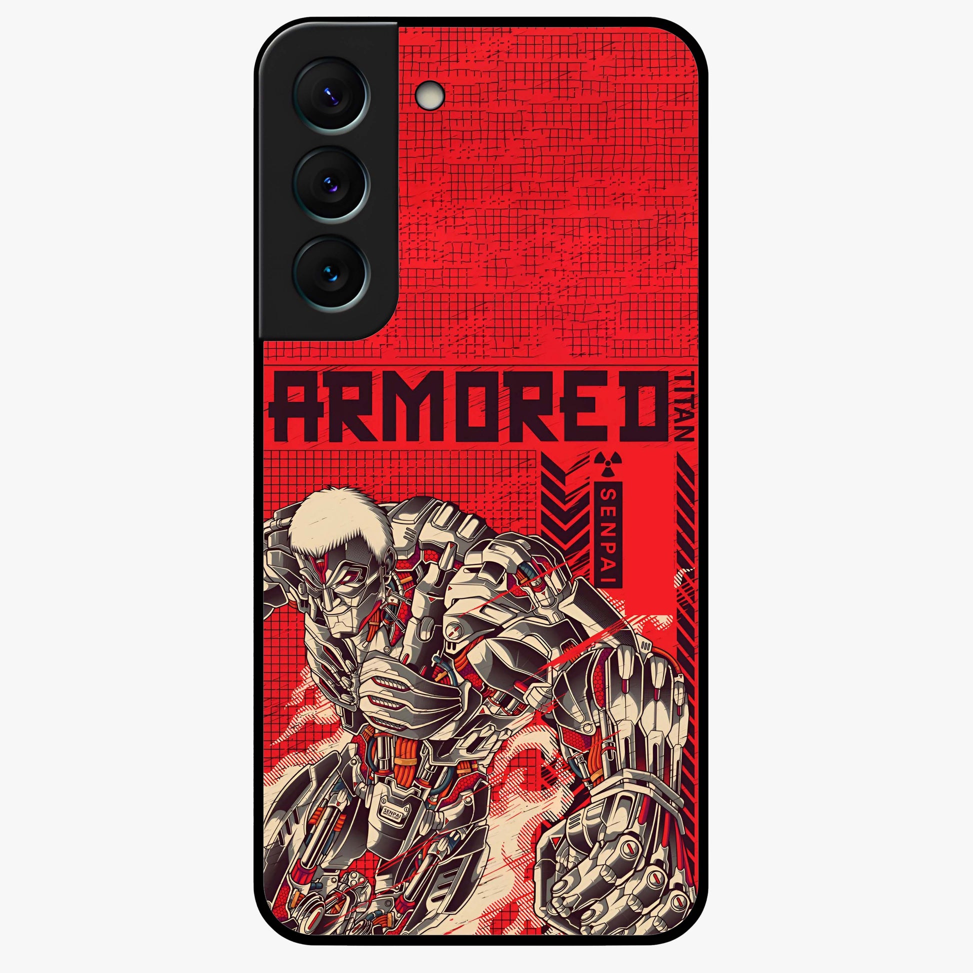 Crimson Mecha Titan Glass Case showing flat back view with powerful mech titan artwork and glossy glass finish.