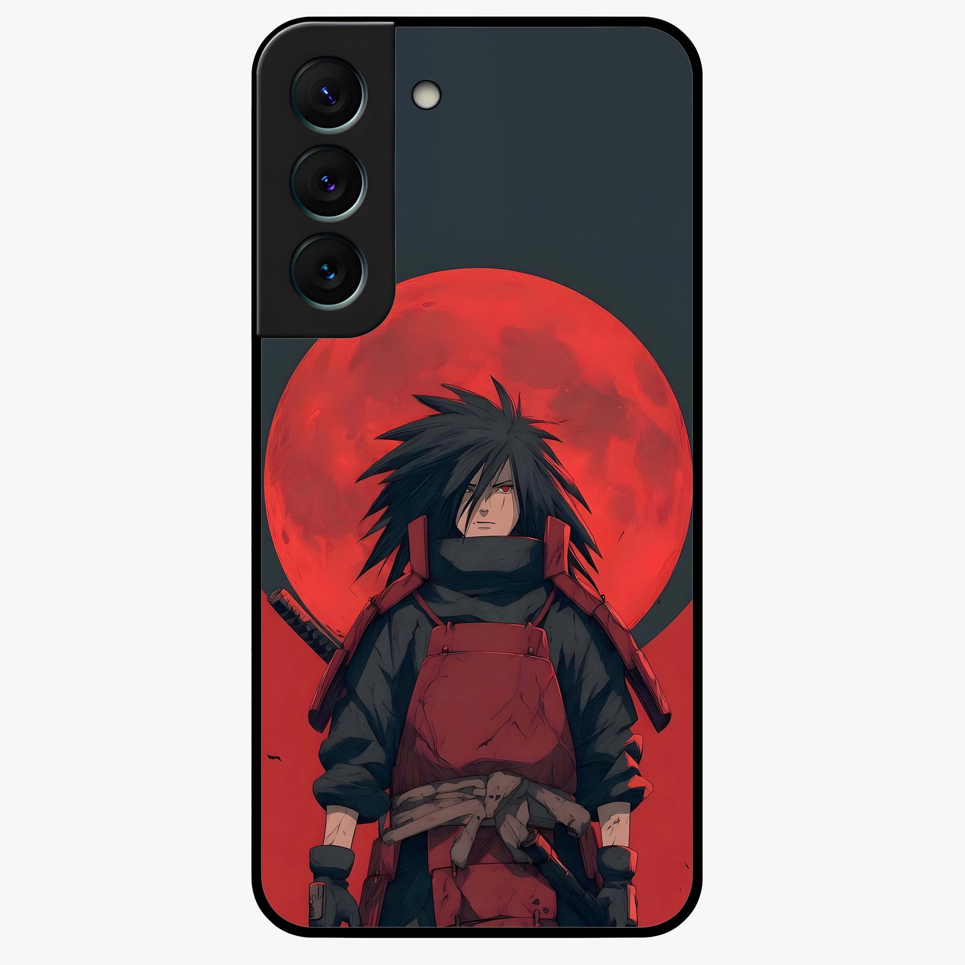Crimson Moon Warlord Glass Case showing flat back view with mystical moon warrior artwork and glossy glass finish.