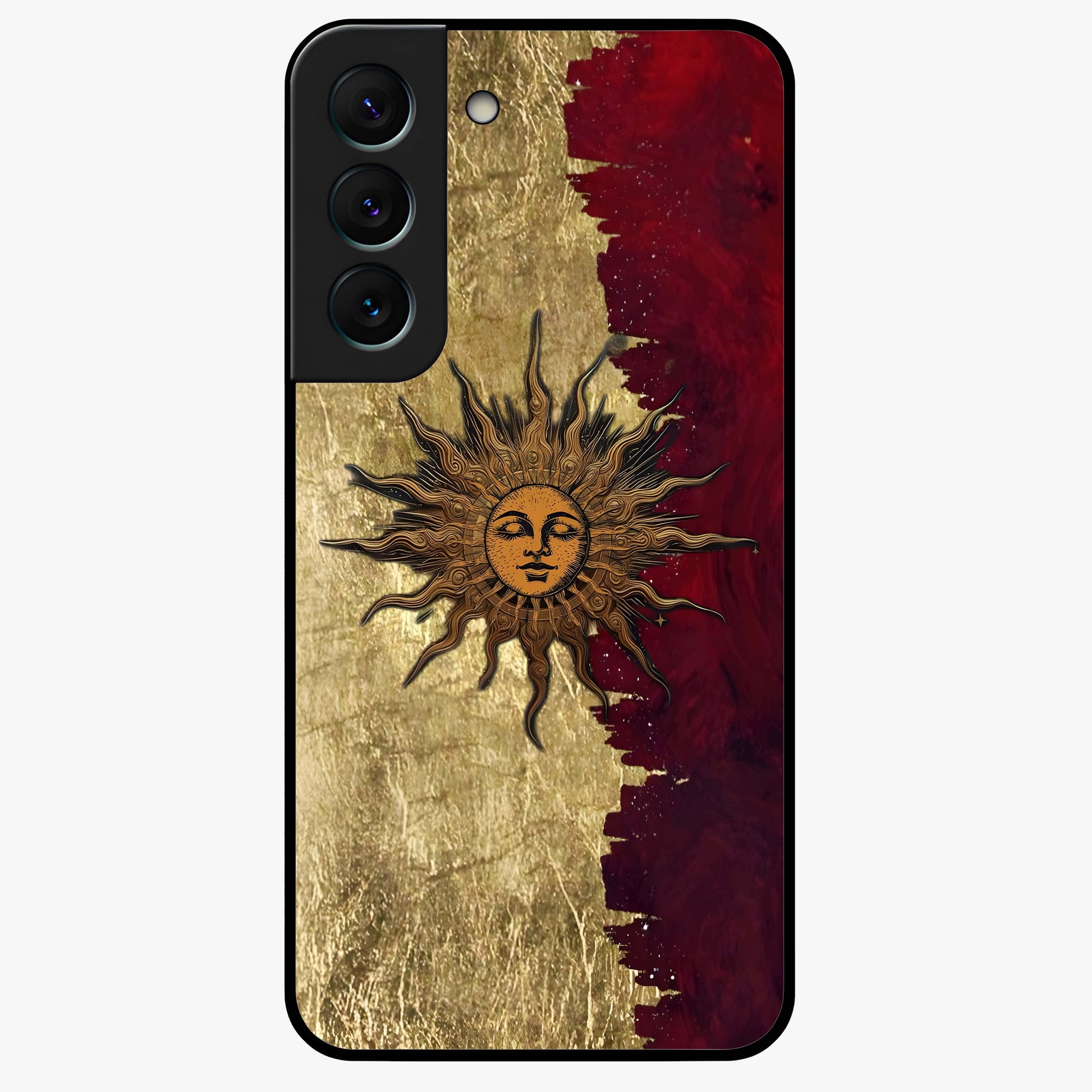 Crimson Sun Majesty Glass Case showing flat back view with radiant sun inspired artwork and glossy glass finish.