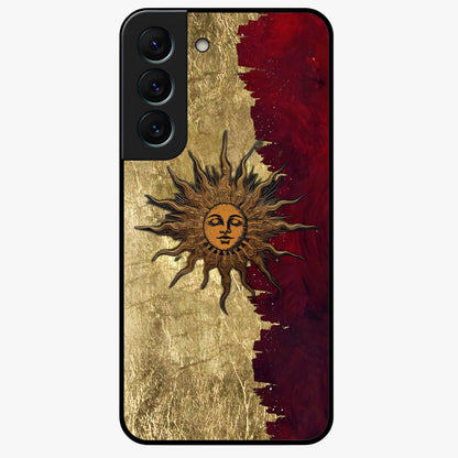 Crimson Sun Majesty Glass Case showing flat back view with radiant sun inspired artwork and glossy glass finish.