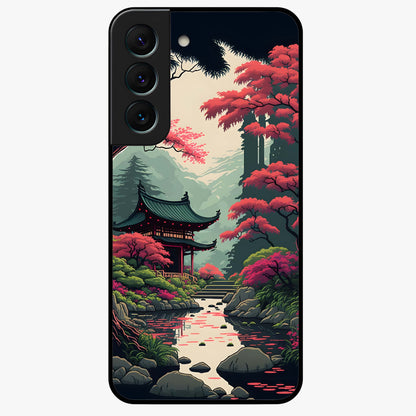 Crimson Temple View Glass Case showing flat back view with temple inspired artwork and glossy glass finish.