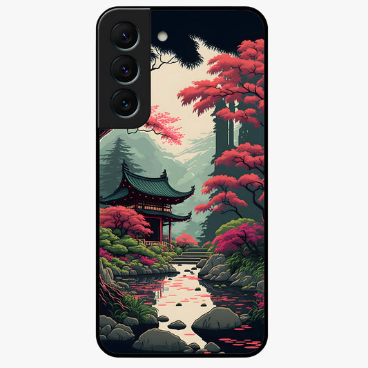 Crimson Temple View Glass Case showing flat back view with temple inspired artwork and glossy glass finish.