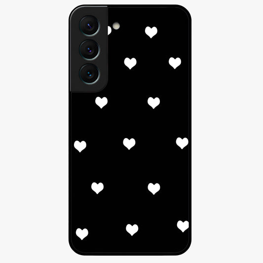 Cute And Simple White Hearts Glass Case showing flat back view with minimal white heart pattern and glossy glass finish.
