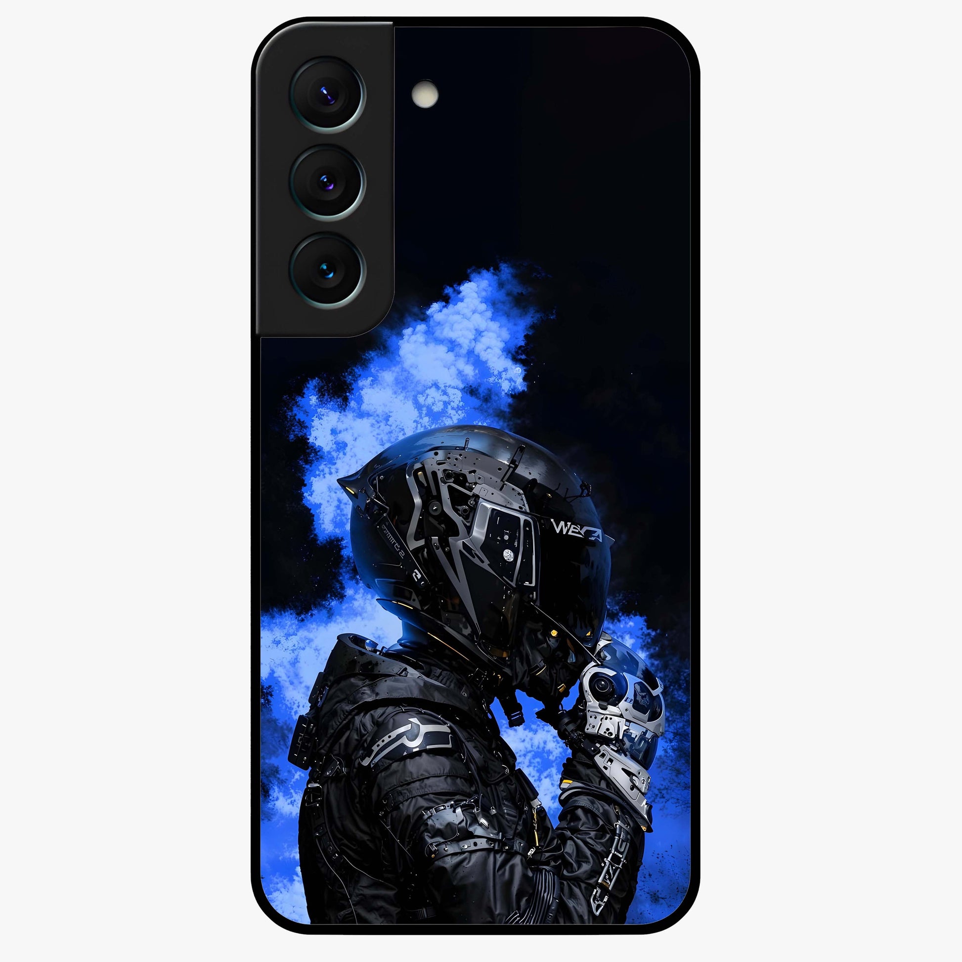 Cyber Sentinel Protocol Glass Case showing flat back view with futuristic cyber themed artwork and glossy glass finish.