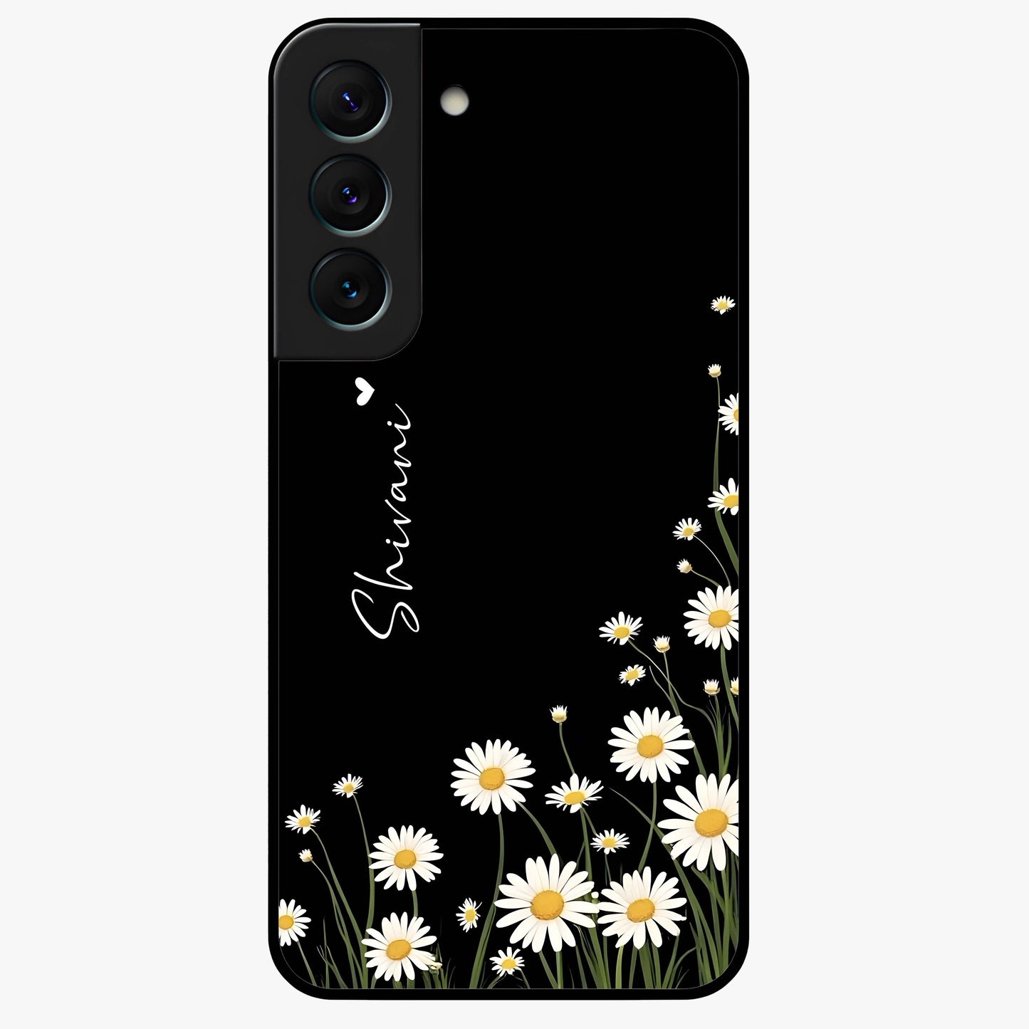 Daisy Cascade Custom Name Glass Case showing flat back view with cascading daisy flowers and personalized name design.