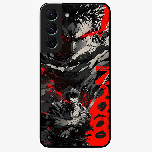 Demon Sword Resolve Glass Case showing flat back view with fierce sword warrior artwork and glossy glass finish.