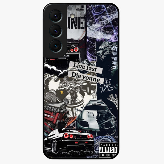 Die Young Glass Case showing flat back view with bold artistic typography design and glossy glass finish.