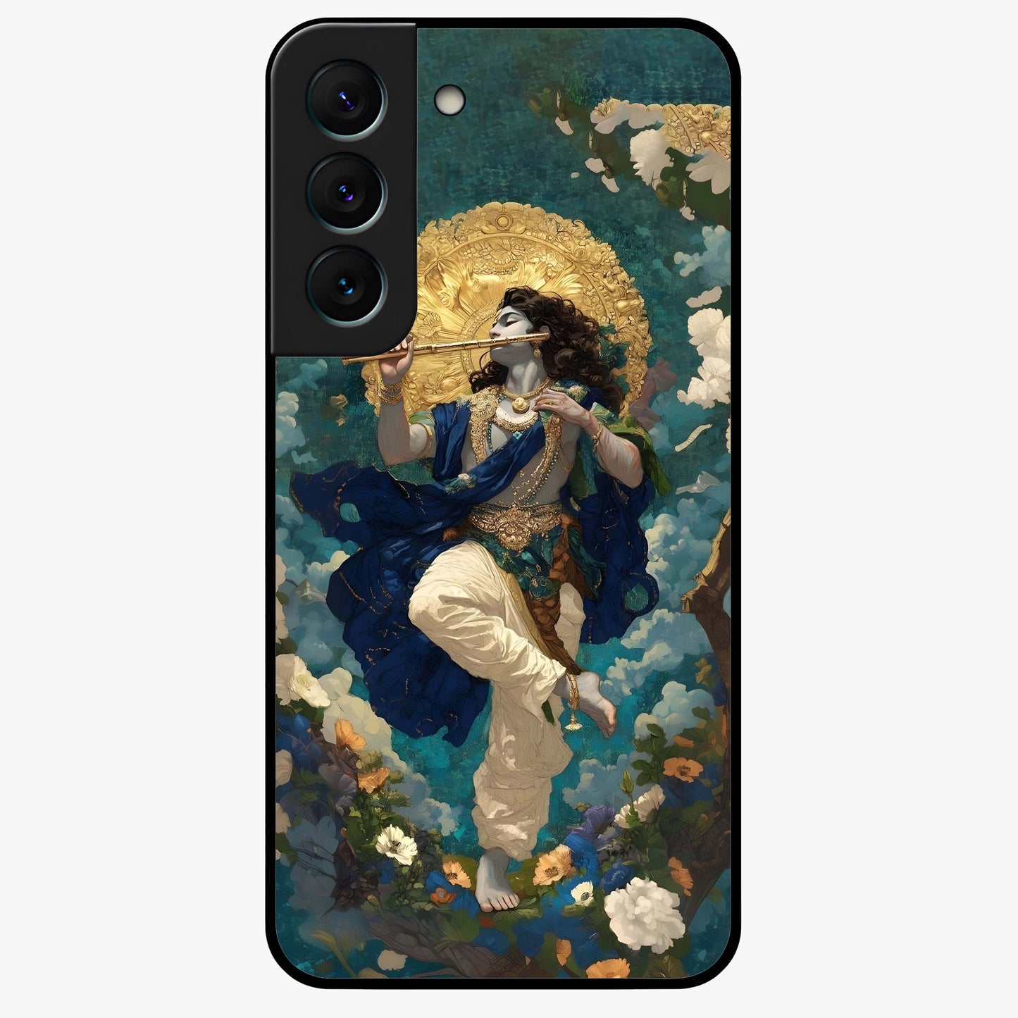 Divine Krishna Art Glass Case showing flat back view with Lord Krishna artwork and glossy glass finish.