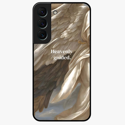 Divine Winged Grace Glass Case showing flat back view with elegant wing inspired artwork and glossy glass finish.