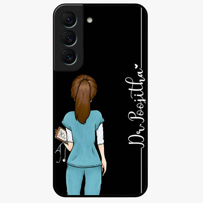 Doctor Pattern Custom Name Glass Case showing flat back view with medical themed pattern and personalized name design.