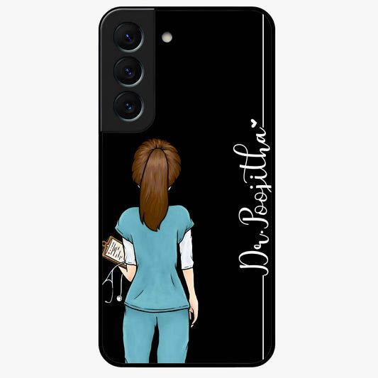 Doctor Pattern Custom Name Glass Case showing flat back view with medical themed pattern and personalized name design.