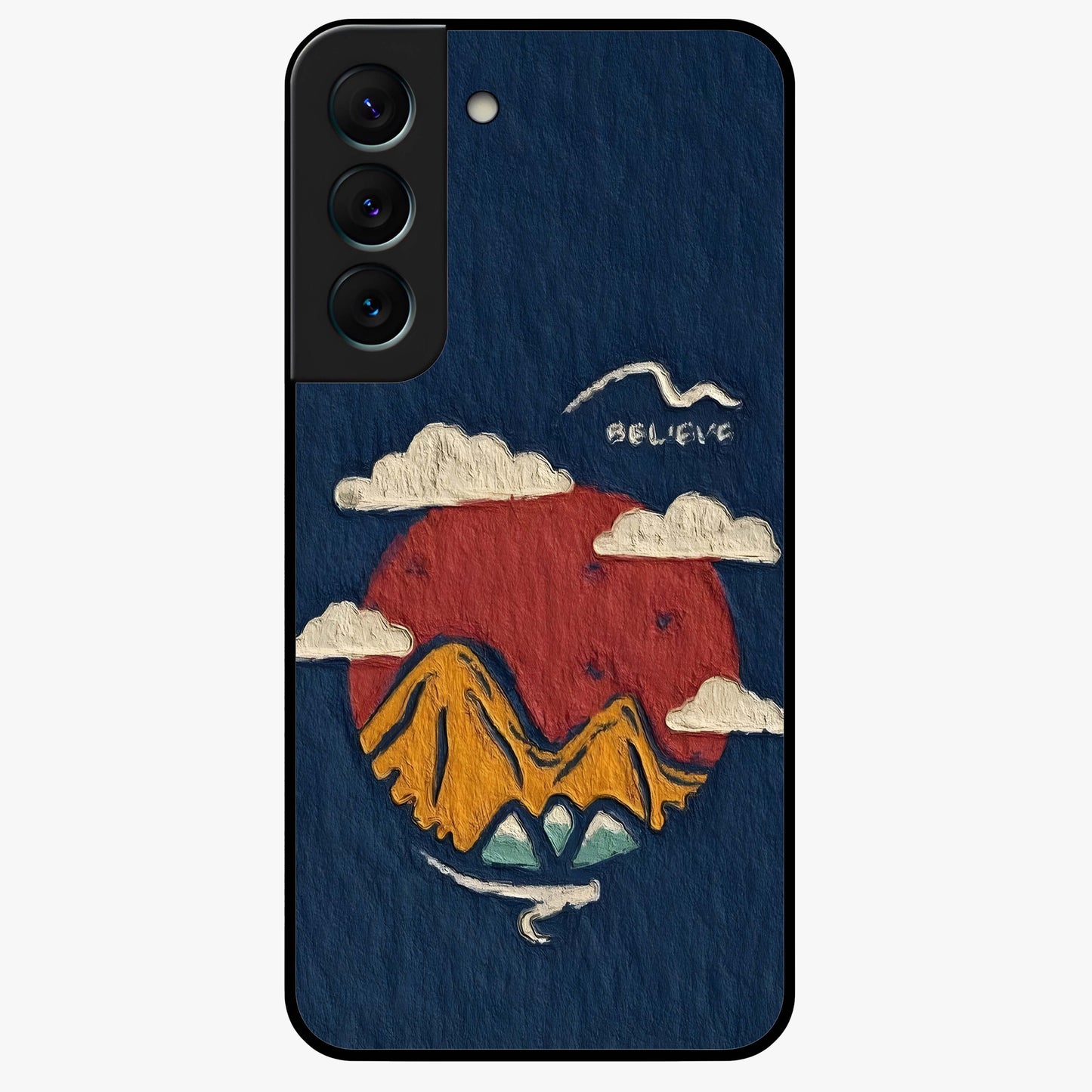 Dream Beyond Mountains Glass Case showing flat back view with scenic mountain landscape artwork and glossy glass finish.