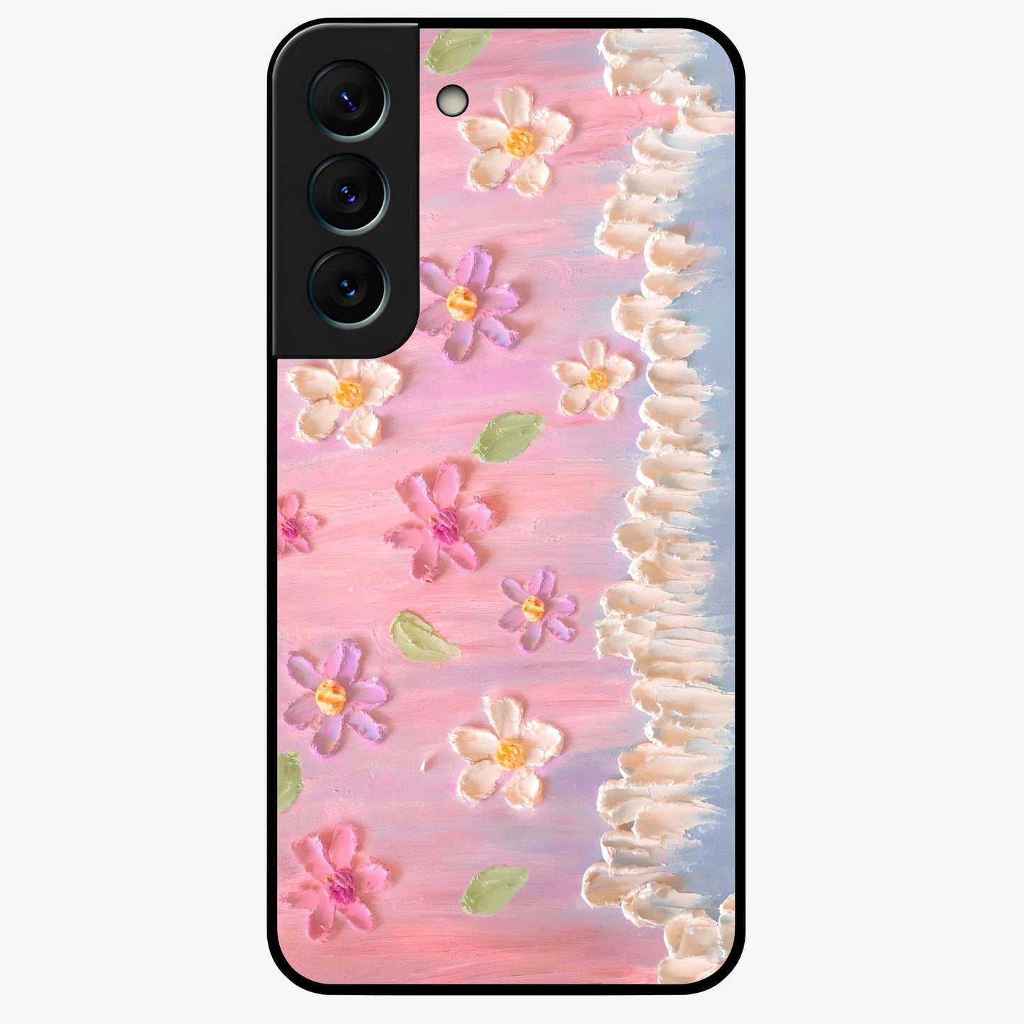 Dreamy Painted Garden Glass Case showing flat back view with artistic painted floral garden artwork and glossy glass finish.