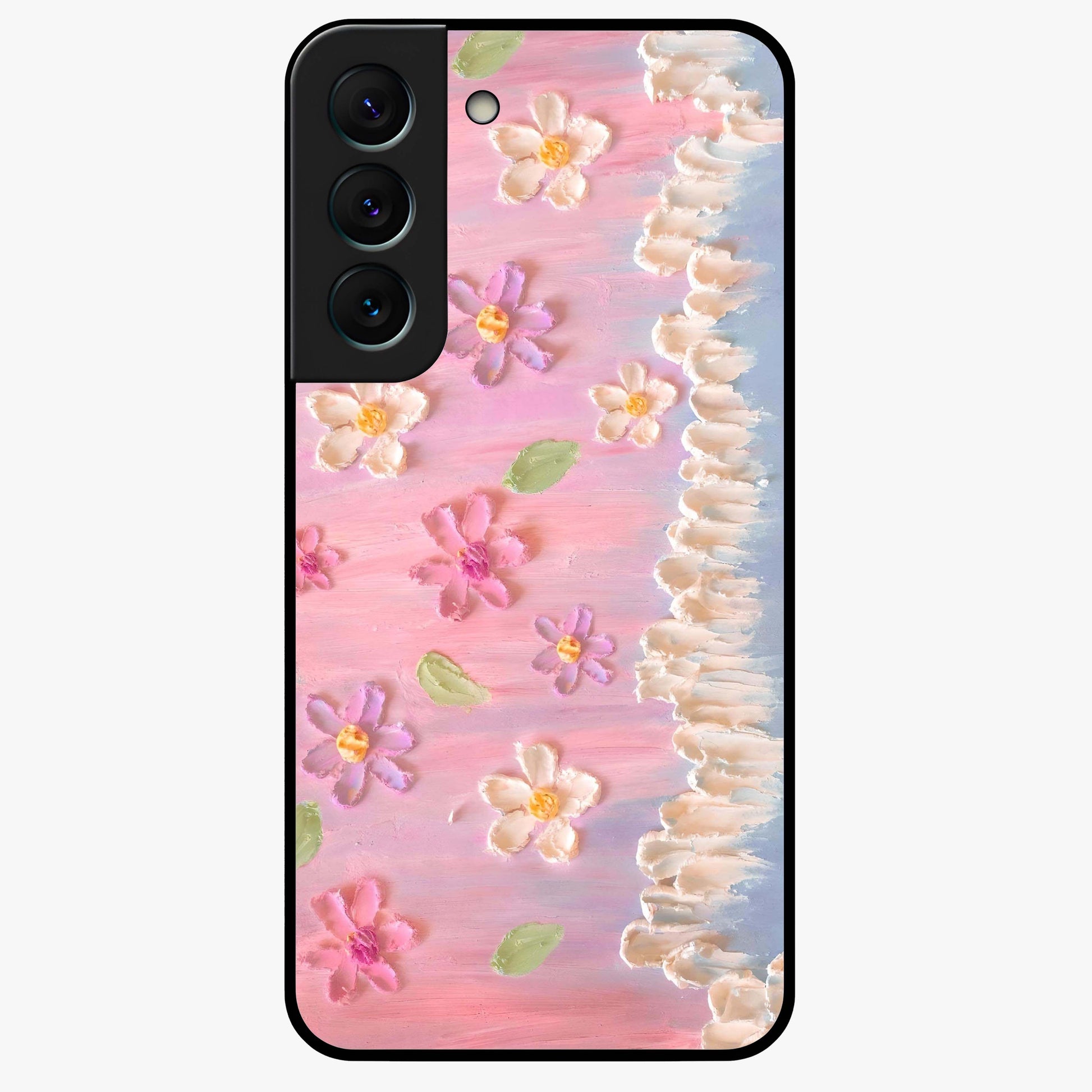 Dreamy Painted Garden Glass Case showing flat back view with artistic painted floral garden artwork and glossy glass finish.
