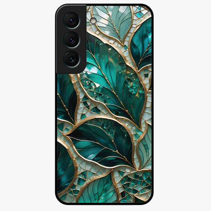 Emerald Leaf Glass Glass Case showing flat back view with emerald green leaf artwork and glossy glass finish.