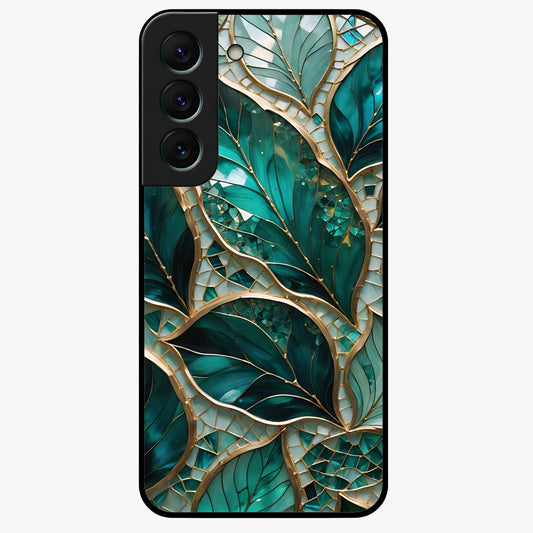 Emerald Leaf Glass Glass Case showing flat back view with emerald green leaf artwork and glossy glass finish.