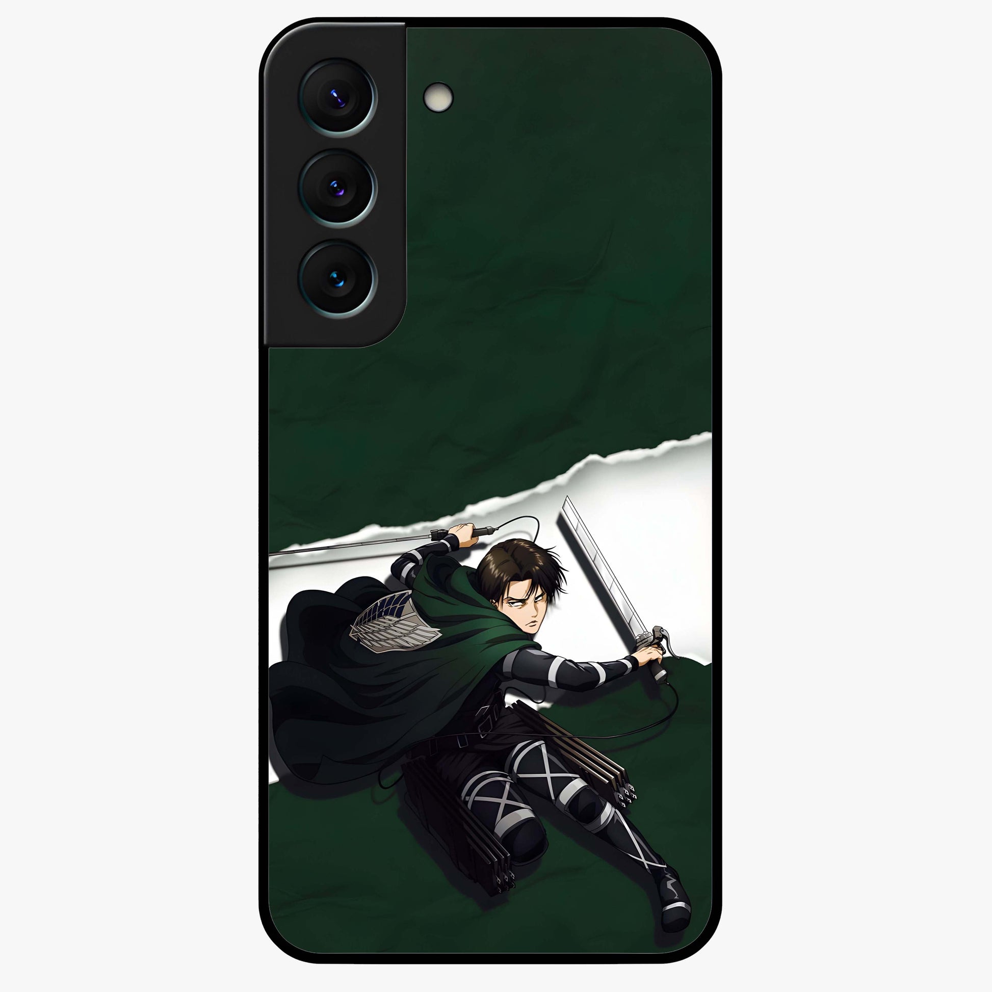 Emerald War Vanguard Glass Case showing flat back view with powerful warrior themed artwork and glossy glass finish.