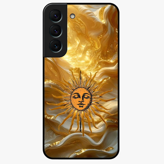 Eternal Golden Glow Glass Case showing flat back view with radiant golden themed artwork and glossy glass finish.