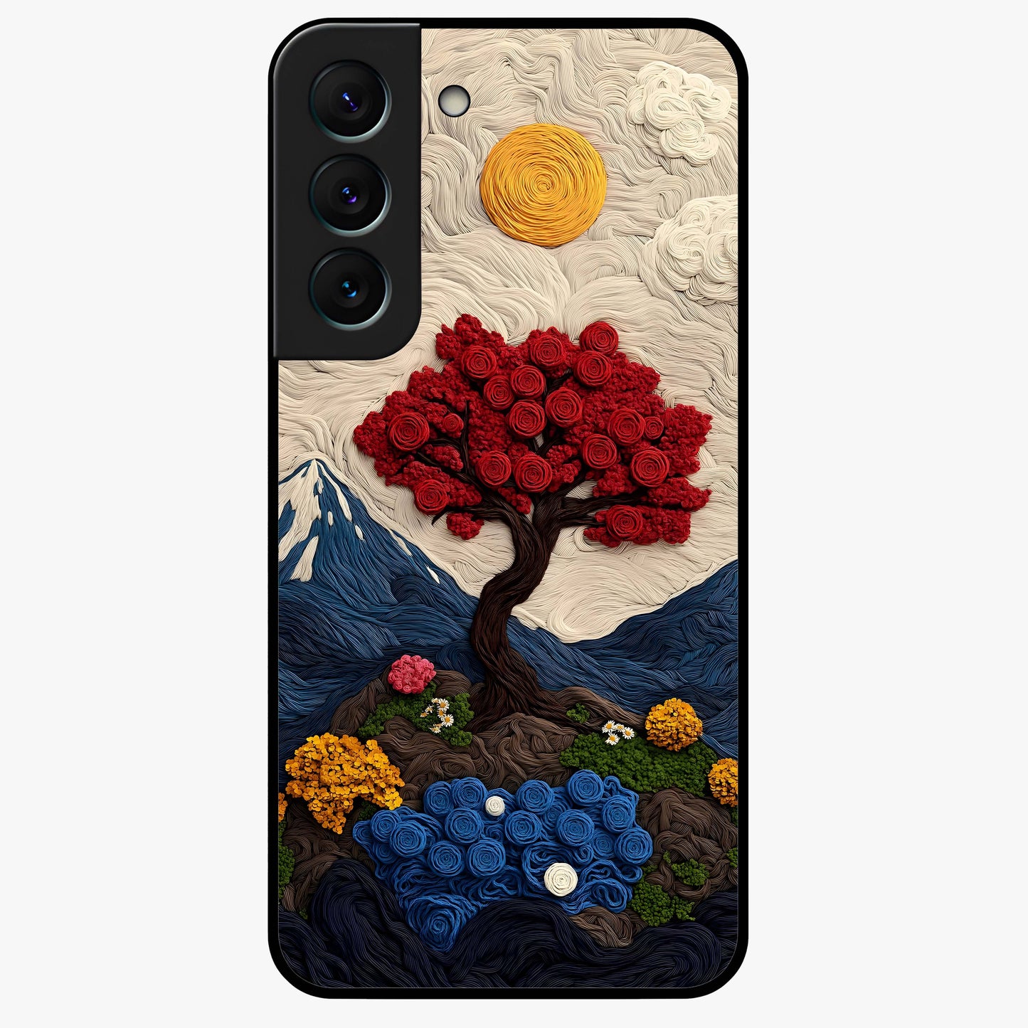 Eternal Nature Tapestry Glass Case showing flat back view with intricate nature tapestry artwork and glossy glass finish.