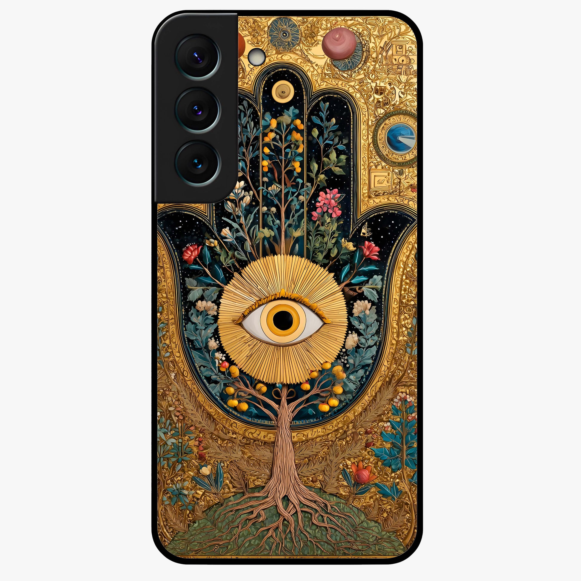 Ethereal Evil Eye Glass Case showing flat back view with mystical evil eye artwork and glossy glass finish.