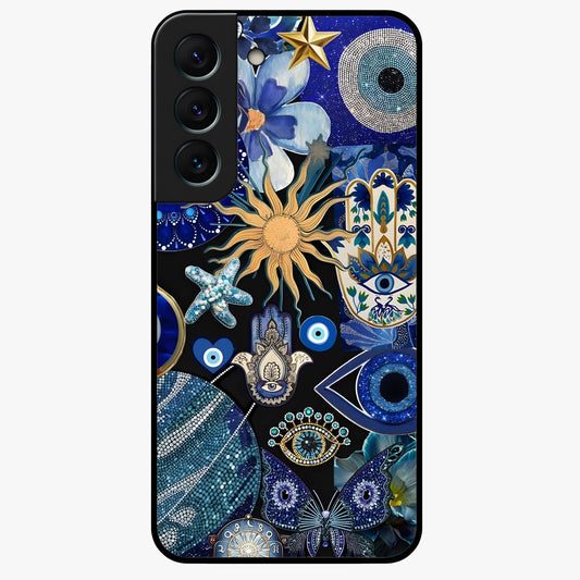 Evil Eye Charm Mix Glass Case showing flat back view with multiple evil eye charms artwork and glossy glass finish.