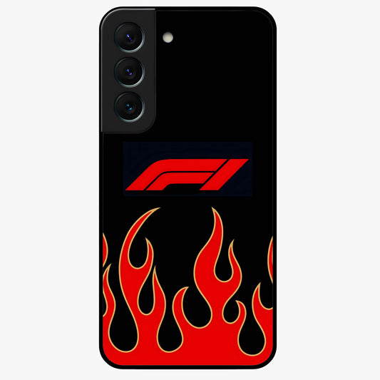 Fire F11 Glass Case showing flat back view with fiery themed artwork and glossy glass finish.