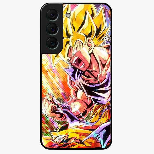 Firing Goku Glass Case showing flat back view with powerful anime inspired artwork and glossy glass finish.