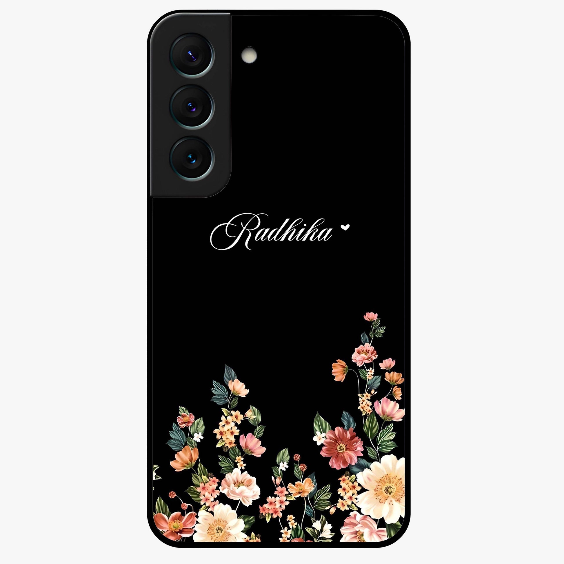 Floral Design With a Custom Personalized Name Glass Case showing flat back view with floral artwork and personalized name design.