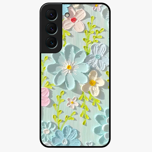 Frosted Petal Garden Glass Case showing flat back view with soft frosted floral artwork and glossy glass finish.