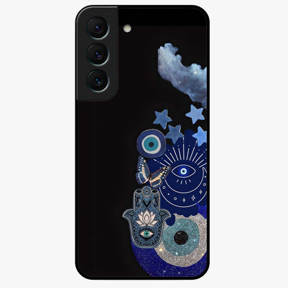 Galactic Charm Cluster Glass Case showing flat back view with glowing celestial charm artwork and glossy glass finish.