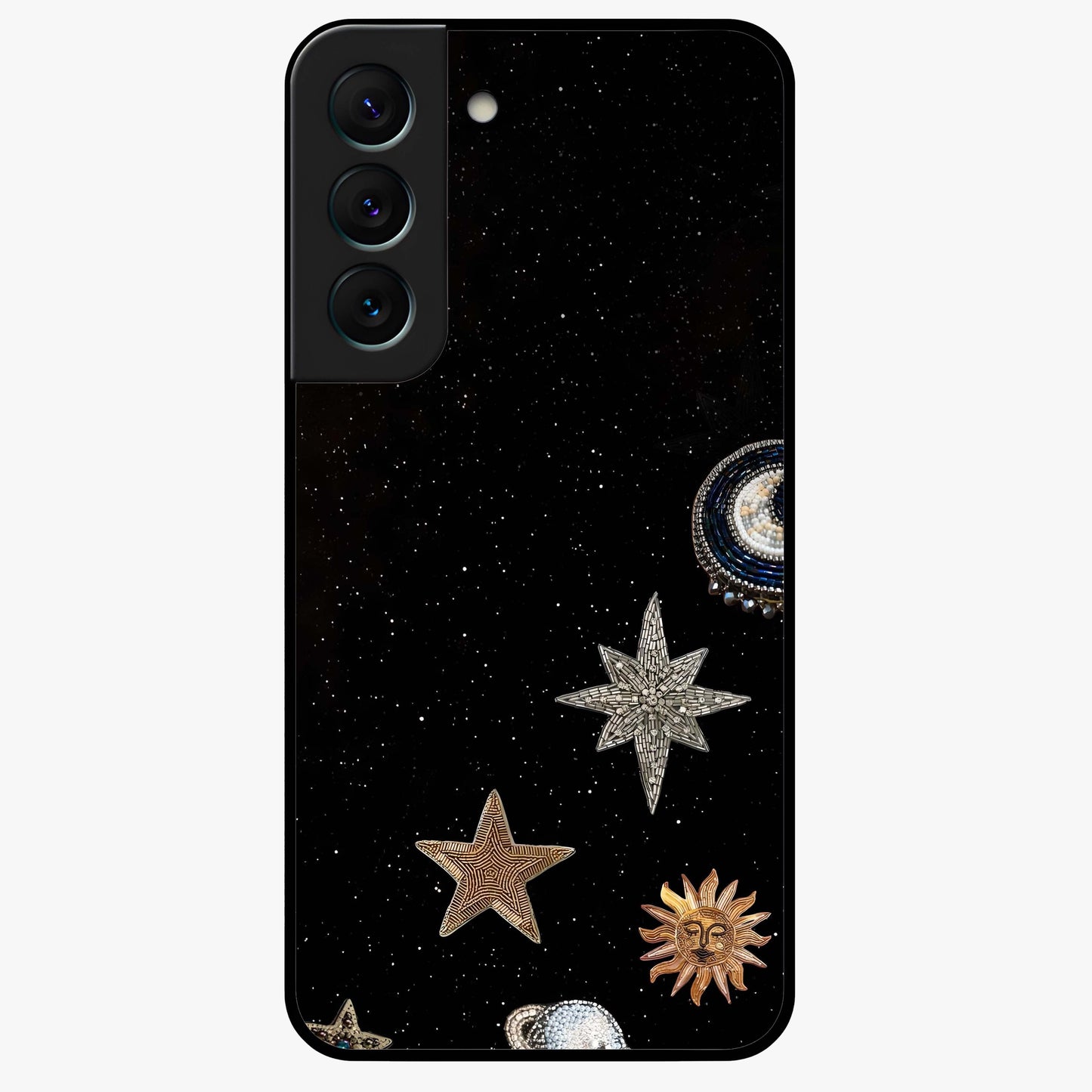 Galactic Charm Glow Glass Case showing flat back view with glowing celestial charm artwork and glossy glass finish.