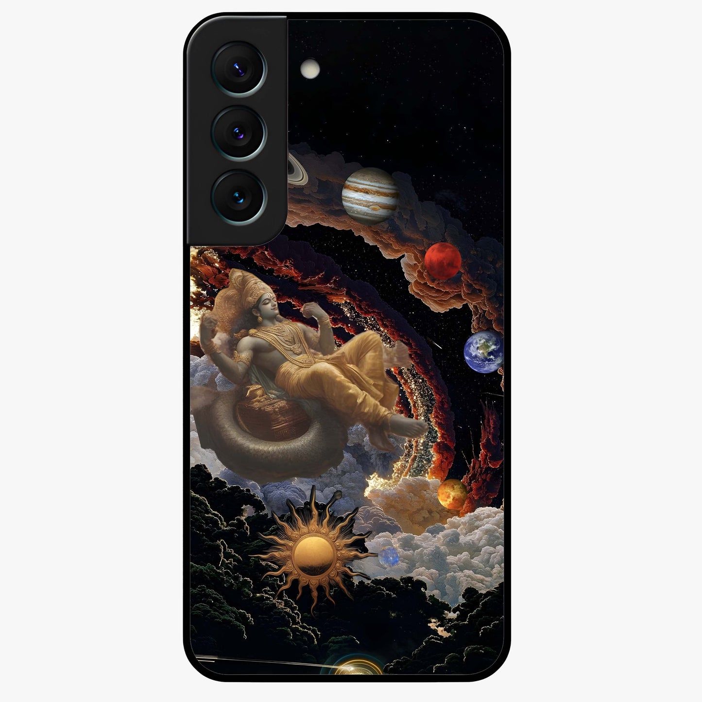 Galactic Divine God Glass Case showing flat back view with divine cosmic themed artwork and glossy glass finish.