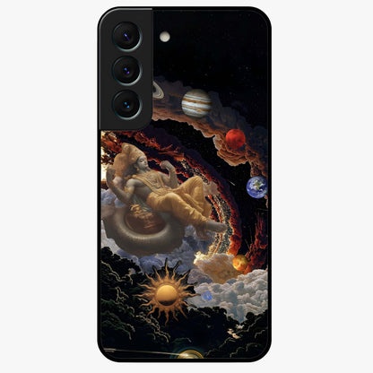 Galactic Divine God Glass Case showing flat back view with divine cosmic themed artwork and glossy glass finish.