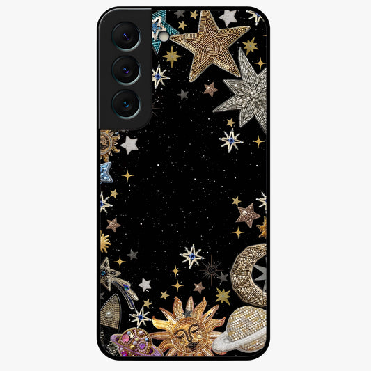 Galactic Jewel Stars Glass Case showing flat back view with sparkling star jewel artwork and glossy glass finish.